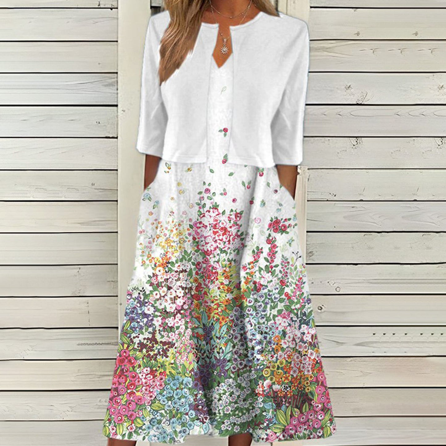 Ethnic Style Elegant Floral Print Vest Dress Cardigan Two-piece Set