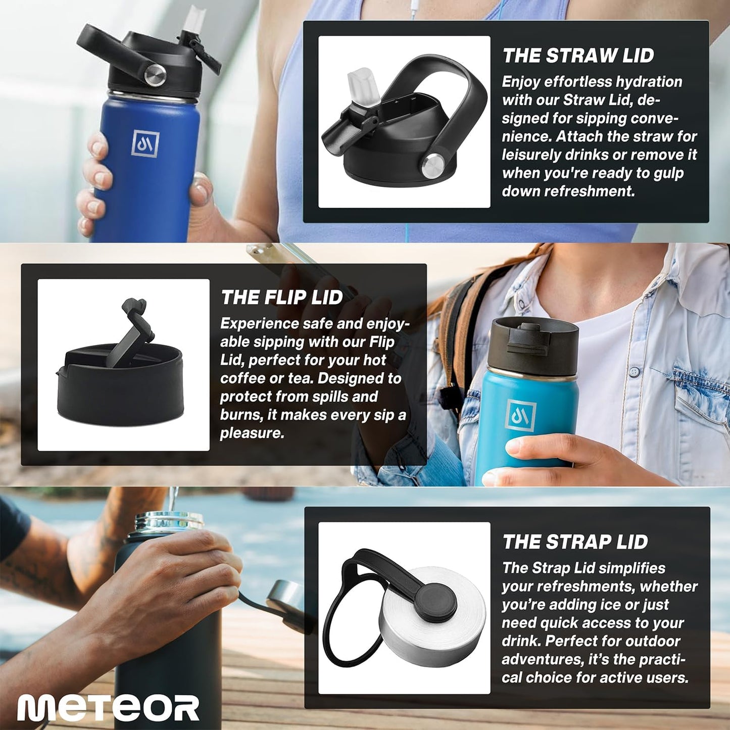 Meteor 650ml Insulated Water Bottle with Straw Lid, Coffee Lid & Flex Cap - Hot 24hrs & Cold 48hrs – Vacuum Stainless Steel Water Flask Thermos Mug - for Sports, Travel, Office, Kids