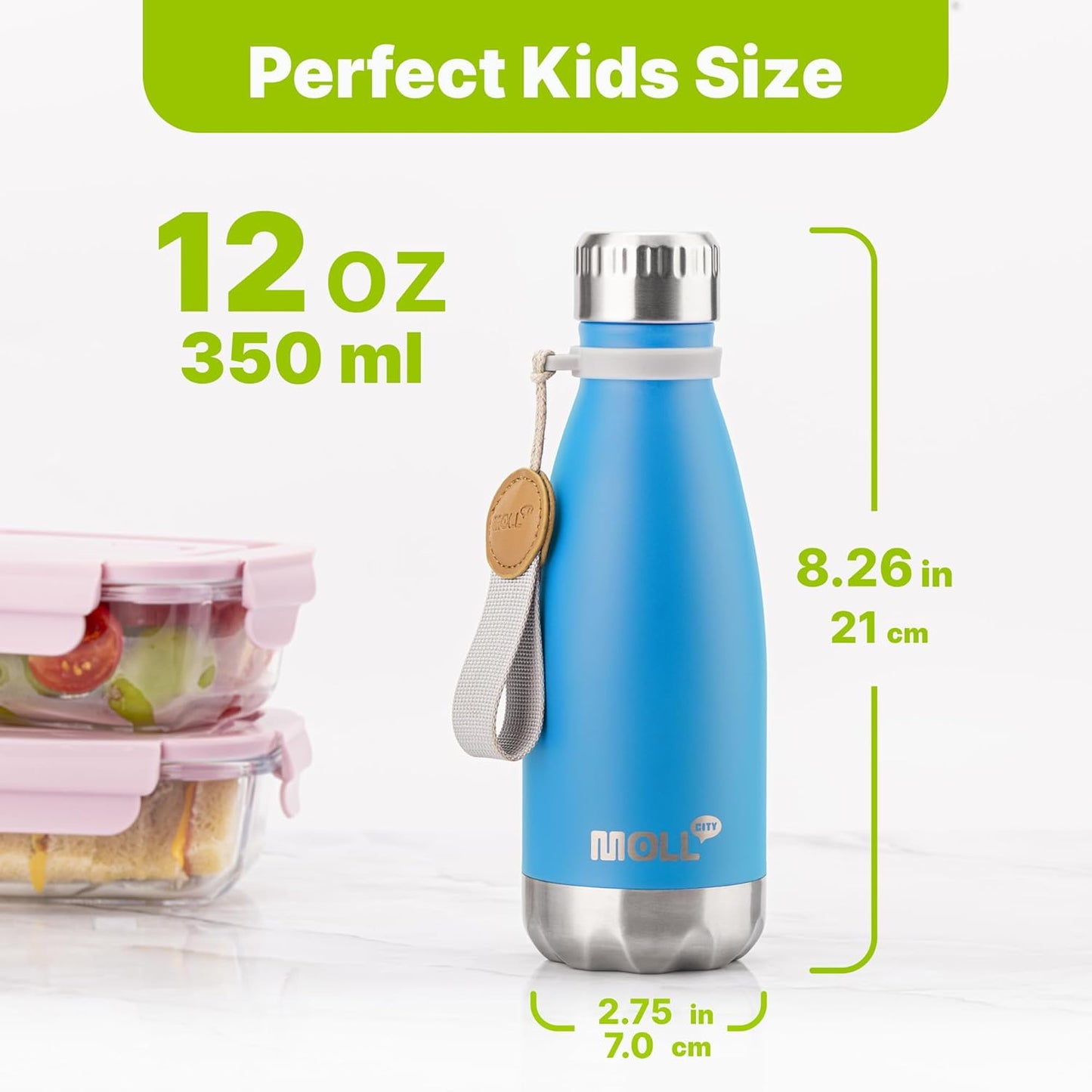 Mollcity Kids Water Bottle for School-12 oz Stainless Steel Double Wall Vacuum Insulated Sports Water Bottle Reusable Metal Leak Proof Cola Shape Flask for Girls (Sky Blue)