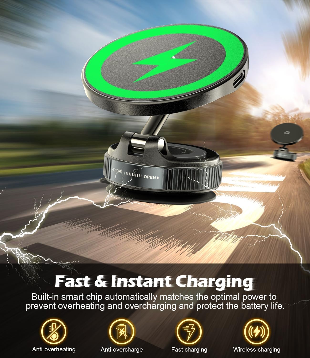 CloudValley 15W Fast Wireless Charger Car Phone Holder Mount, Vacuum Suction Cup Phone Holder Design for MagSafe iPhone 16/15/14/13/12, 360° Adjustable & Foldable Stand for Dashboard & Windshield