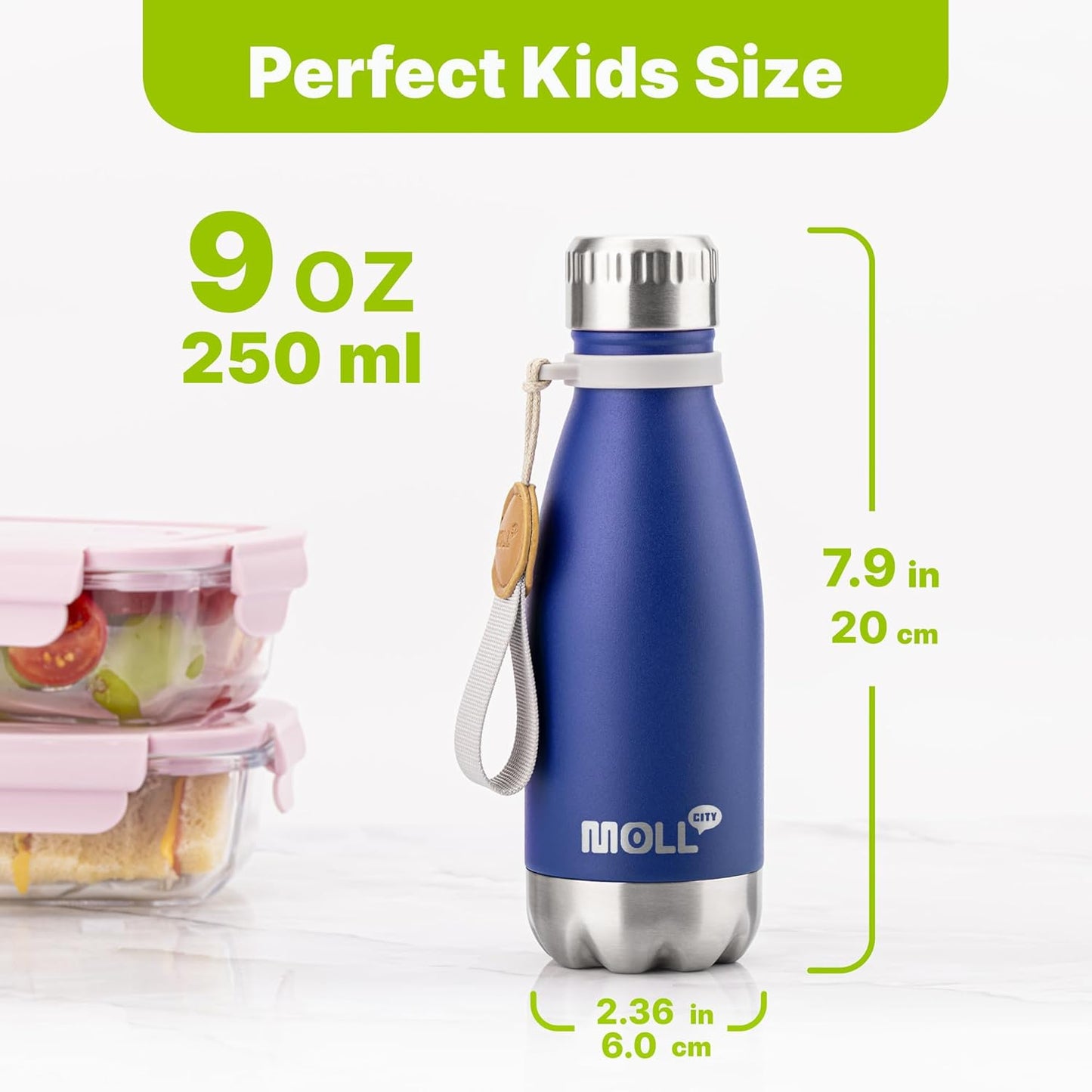 Mollcity Kids Water Bottle for School-12 oz Stainless Steel Double Wall Vacuum Insulated Sports Water Bottle Reusable Metal Leak Proof Cola Shape Flask for Girls (Sky Blue)