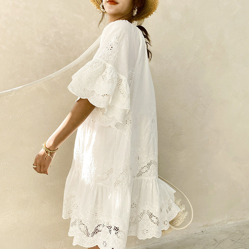 Embroidered Cotton Breathable White Resort Dress