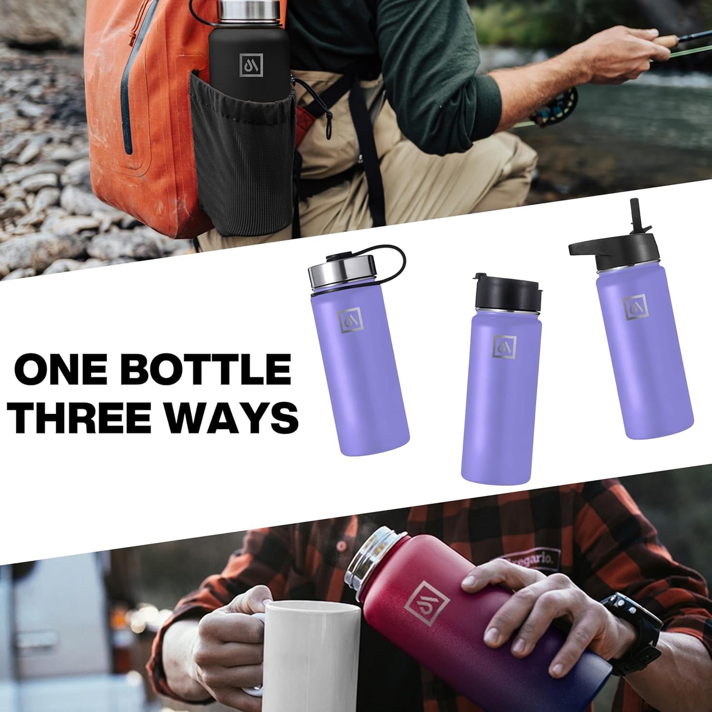 Meteor 650ml Insulated Water Bottle with Straw Lid, Coffee Lid & Flex Cap - Hot 24hrs & Cold 48hrs – Vacuum Stainless Steel Water Flask Thermos Mug - for Sports, Travel, Office, Kids