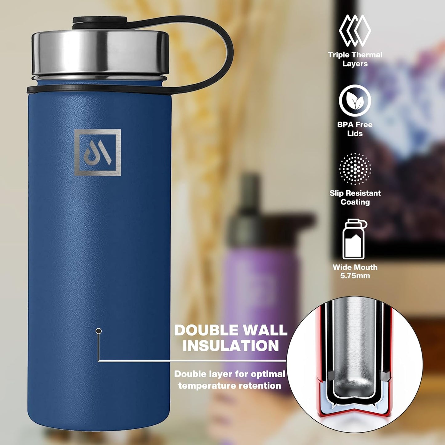 Meteor 650ml Insulated Water Bottle with Straw Lid, Coffee Lid & Flex Cap - Hot 24hrs & Cold 48hrs – Vacuum Stainless Steel Water Flask Thermos Mug - for Sports, Travel, Office, Kids