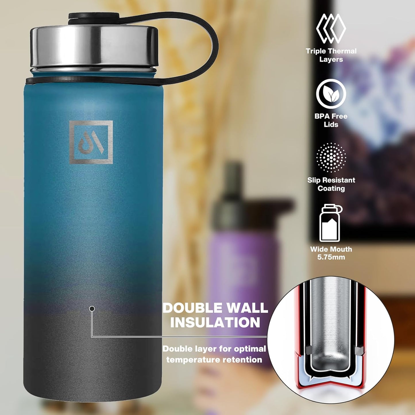 Meteor 650ml Insulated Water Bottle with Straw Lid, Coffee Lid & Flex Cap - Hot 24hrs & Cold 48hrs – Vacuum Stainless Steel Water Flask Thermos Mug - for Sports, Travel, Office, Kids