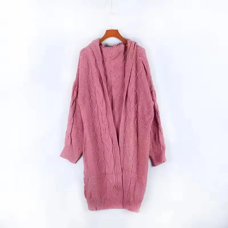 S-5XL Hot Selling Solid Color Hooded Long Cardigan Sweater in Autumn and Winter Fried Dough Knit Hoodie