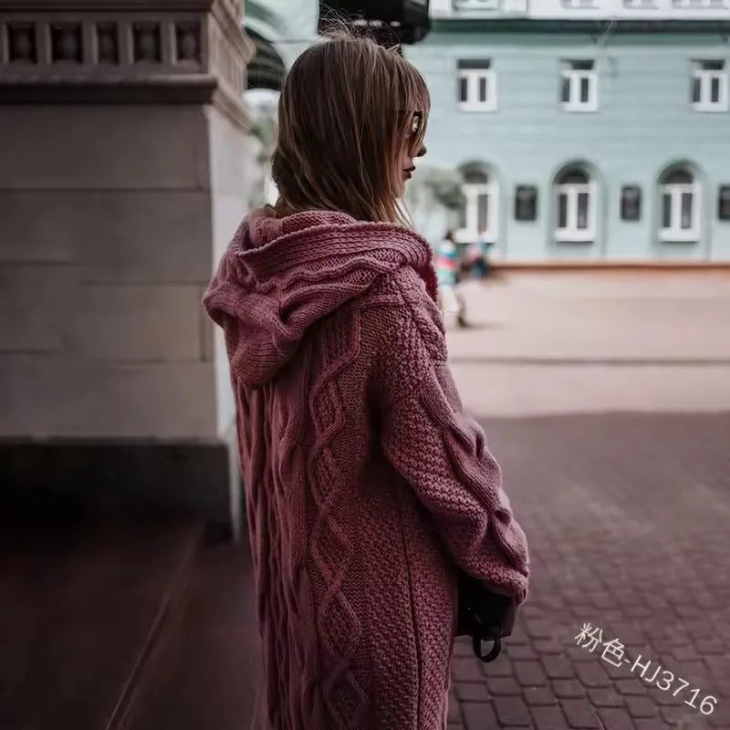 S-5XL Hot Selling Solid Color Hooded Long Cardigan Sweater in Autumn and Winter Fried Dough Knit Hoodie