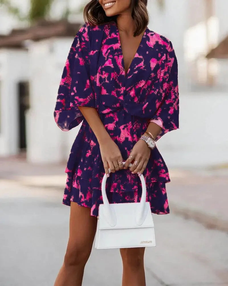 S-3XL European and American Women's Autumn New Product Bat Sleeves Fashion Printed Dress
