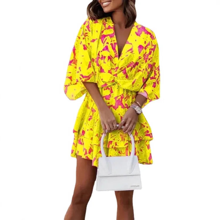 S-3XL European and American Women's Autumn New Product Bat Sleeves Fashion Printed Dress