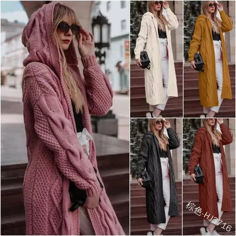 S-5XL Hot Selling Solid Color Hooded Long Cardigan Sweater in Autumn and Winter Fried Dough Knit Hoodie