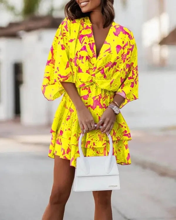 S-3XL European and American Women's Autumn New Product Bat Sleeves Fashion Printed Dress