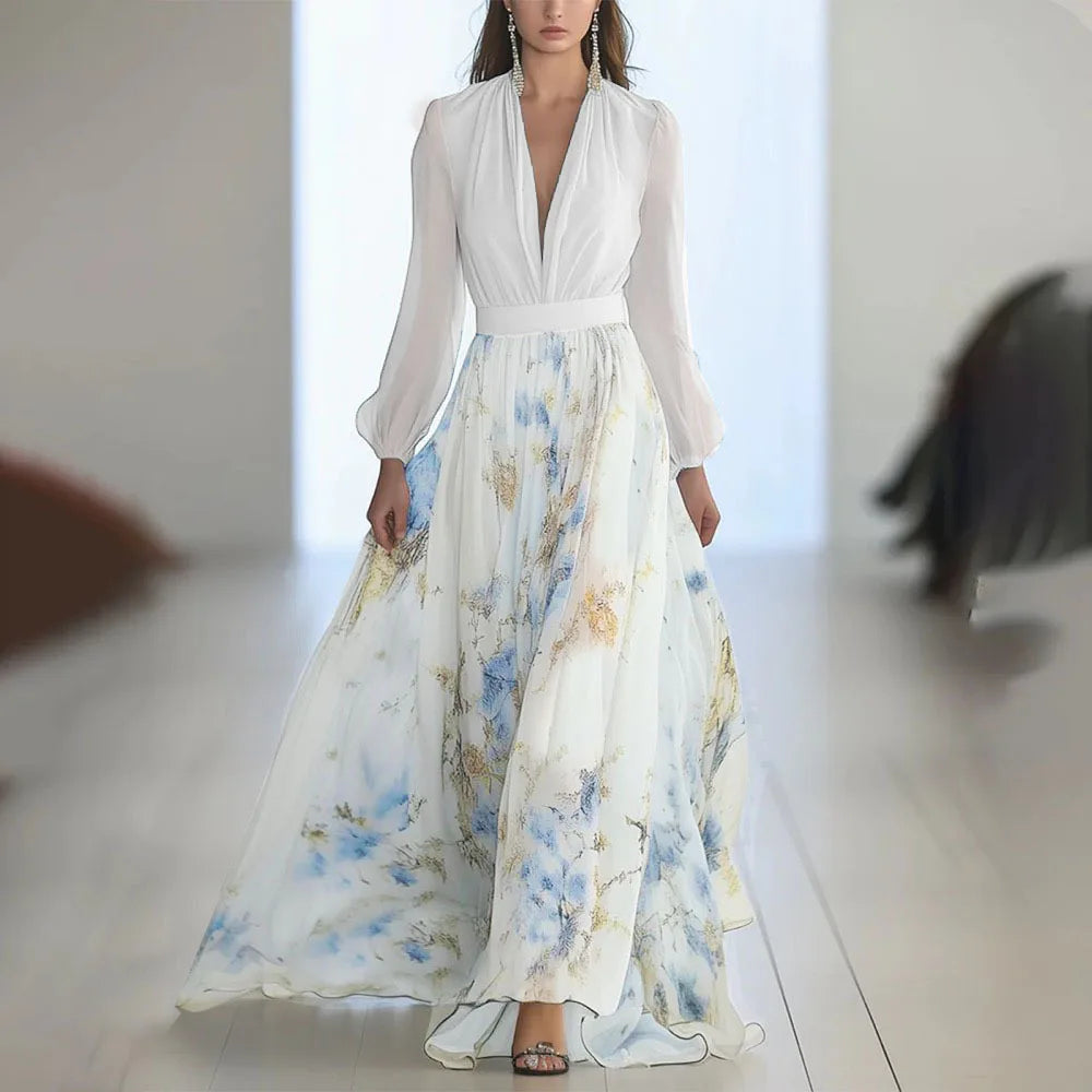 S-XXL Fashion Floral Print Patchwork Bohemian Dress Woman 2025 Sexy V Neck Hollow Long Dresses Long Sleeve Puff Loose Maxi Dress