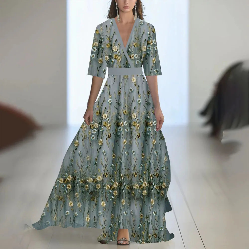 S-XXL Fashion Floral Print Patchwork Bohemian Dress Woman 2025 Sexy V Neck Hollow Long Dresses Long Sleeve Puff Loose Maxi Dress