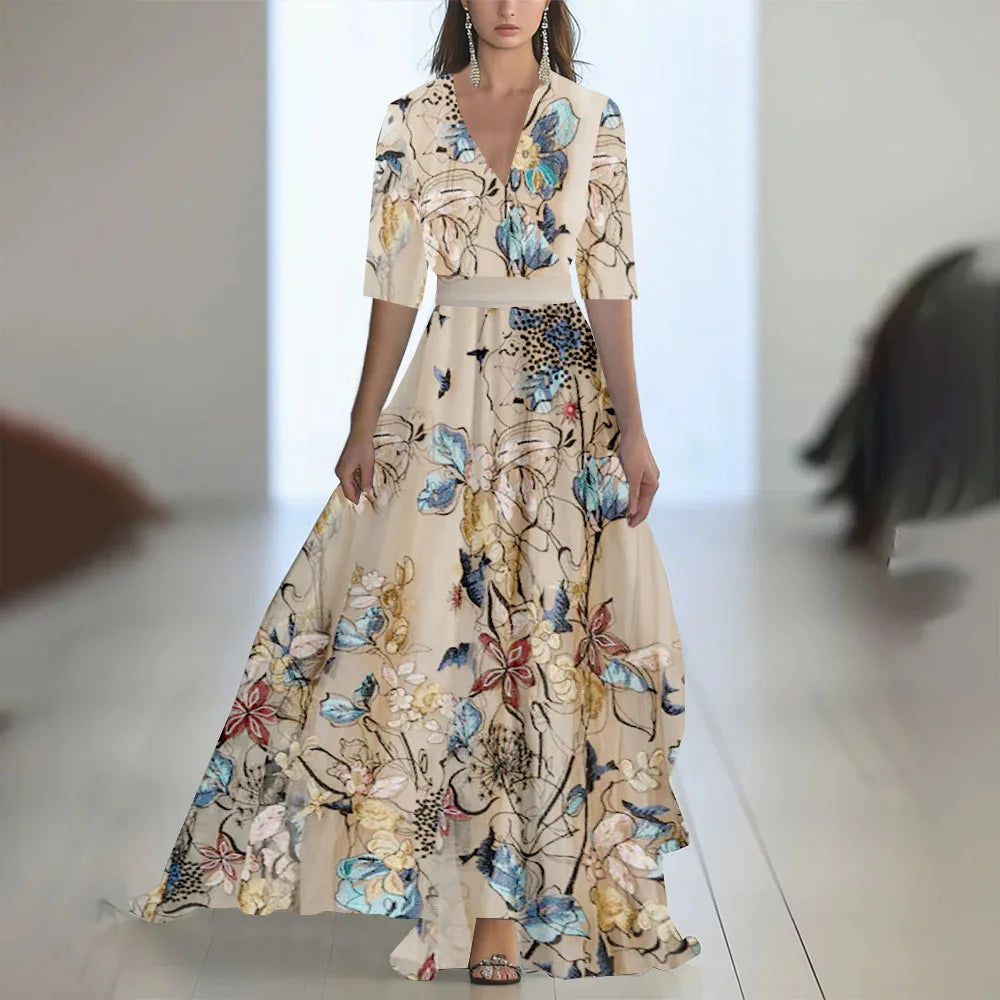 S-XXL Fashion Floral Print Patchwork Bohemian Dress Woman 2025 Sexy V Neck Hollow Long Dresses Long Sleeve Puff Loose Maxi Dress