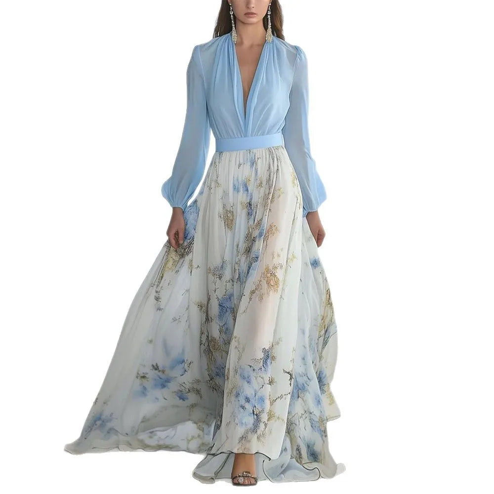 S-XXL Fashion Floral Print Patchwork Bohemian Dress Woman 2025 Sexy V Neck Hollow Long Dresses Long Sleeve Puff Loose Maxi Dress