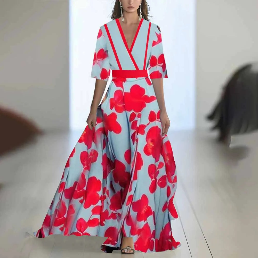 S-XXL Fashion Floral Print Patchwork Bohemian Dress Woman 2025 Sexy V Neck Hollow Long Dresses Long Sleeve Puff Loose Maxi Dress