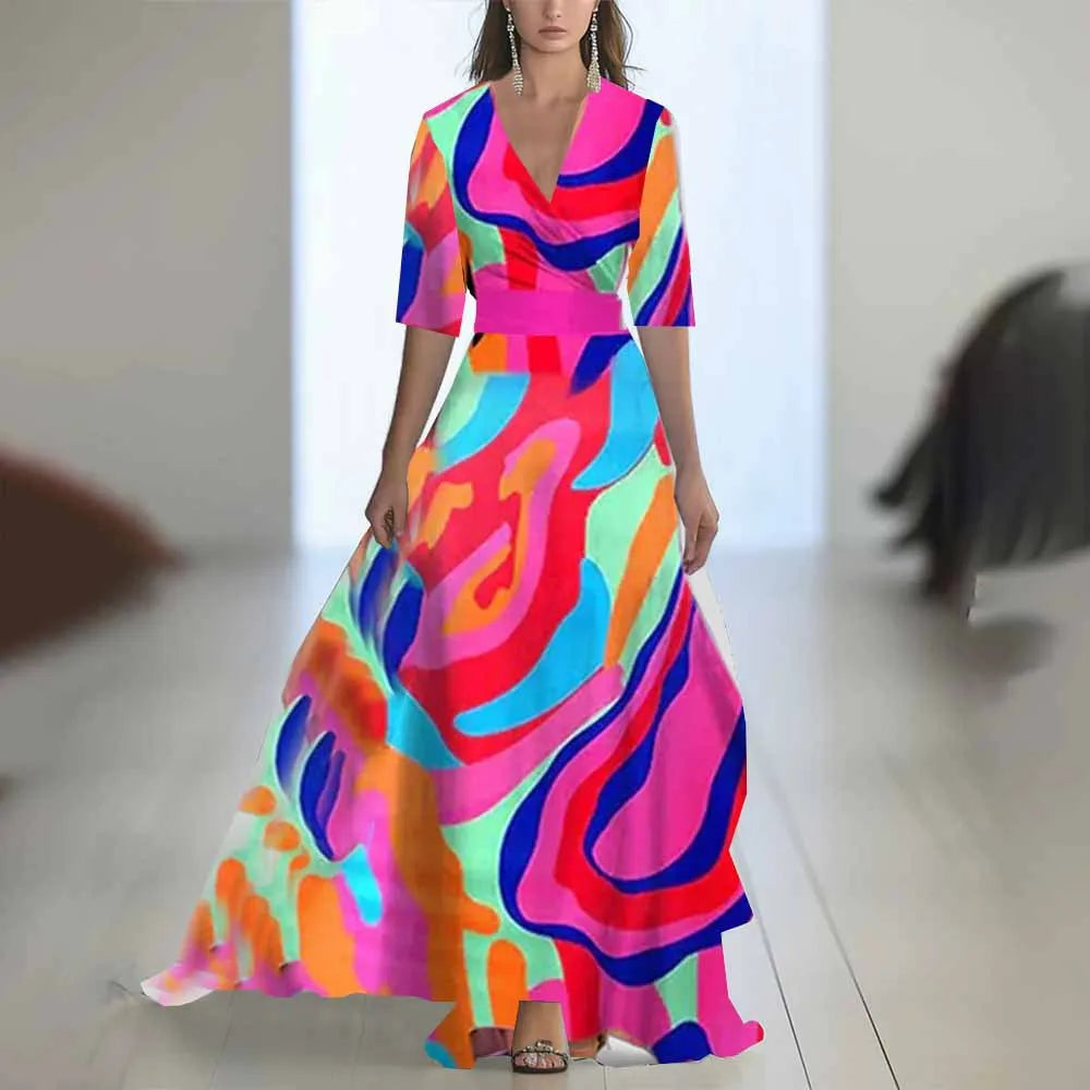 S-XXL Fashion Floral Print Patchwork Bohemian Dress Woman 2025 Sexy V Neck Hollow Long Dresses Long Sleeve Puff Loose Maxi Dress