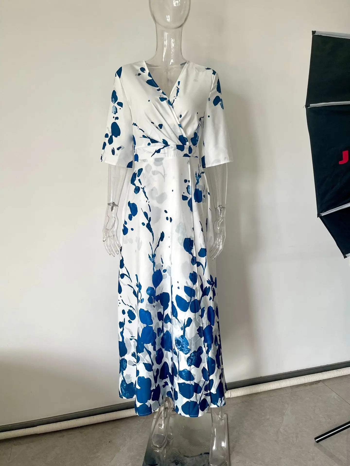 S-XXL Fashion Floral Print Patchwork Bohemian Dress Woman 2025 Sexy V Neck Hollow Long Dresses Long Sleeve Puff Loose Maxi Dress