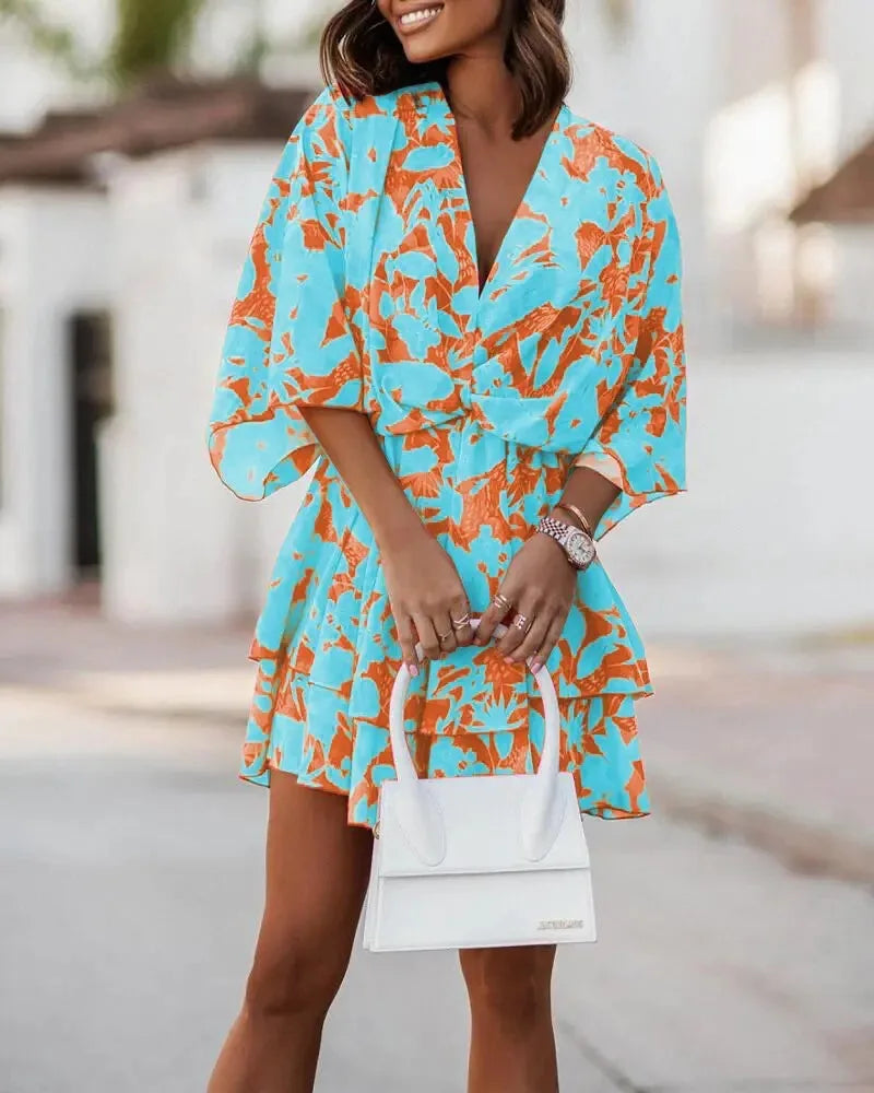 S-3XL European and American Women's Autumn New Product Bat Sleeves Fashion Printed Dress