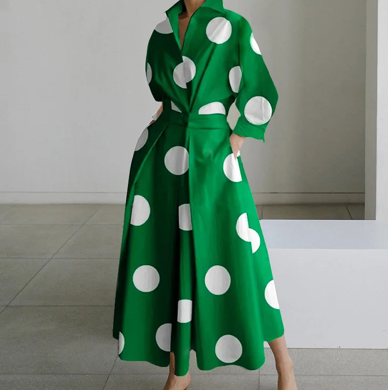 _ Autumn Dress Long Sleeve Dot Print Elegant Maxi Dresses for Women White Casual V Neck Shirt Party Long Dress Robe Femme