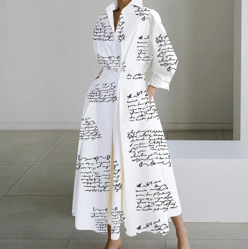 _ Autumn Dress Long Sleeve Dot Print Elegant Maxi Dresses for Women White Casual V Neck Shirt Party Long Dress Robe Femme