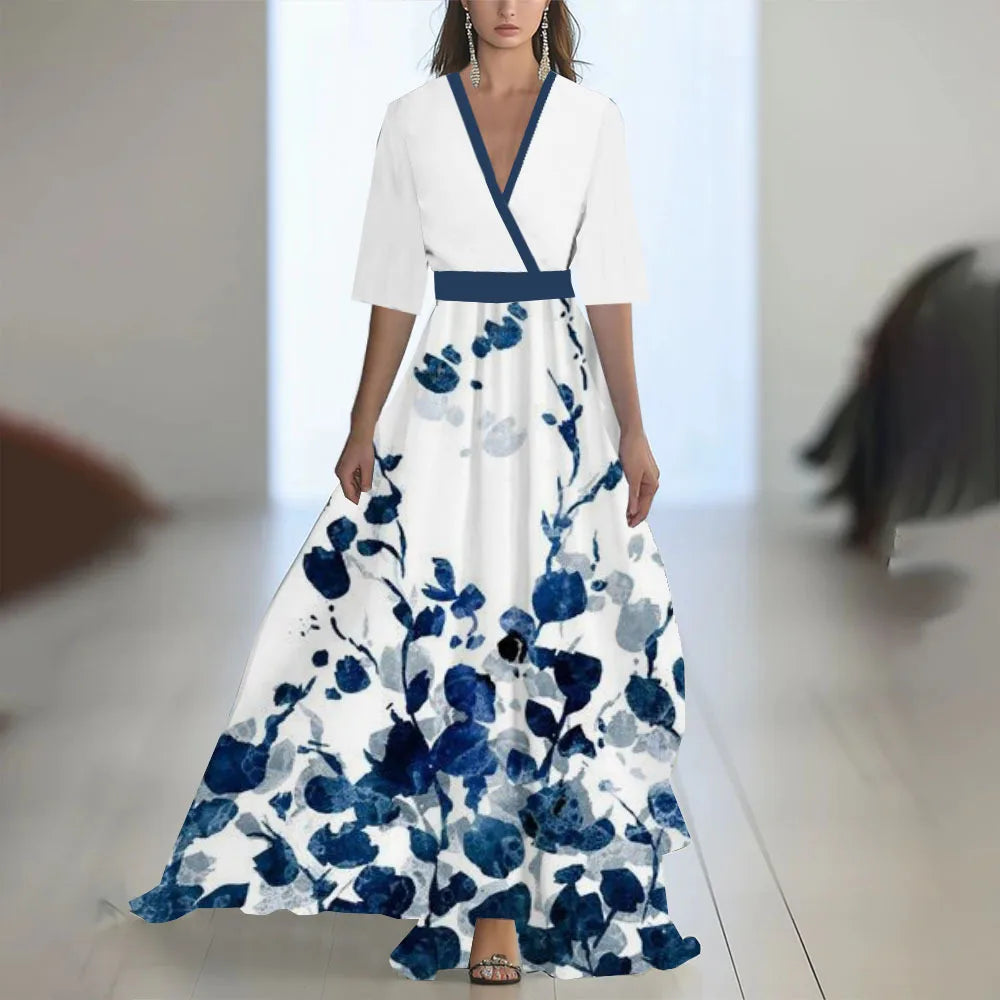 S-XXL Fashion Floral Print Patchwork Bohemian Dress Woman 2025 Sexy V Neck Hollow Long Dresses Long Sleeve Puff Loose Maxi Dress