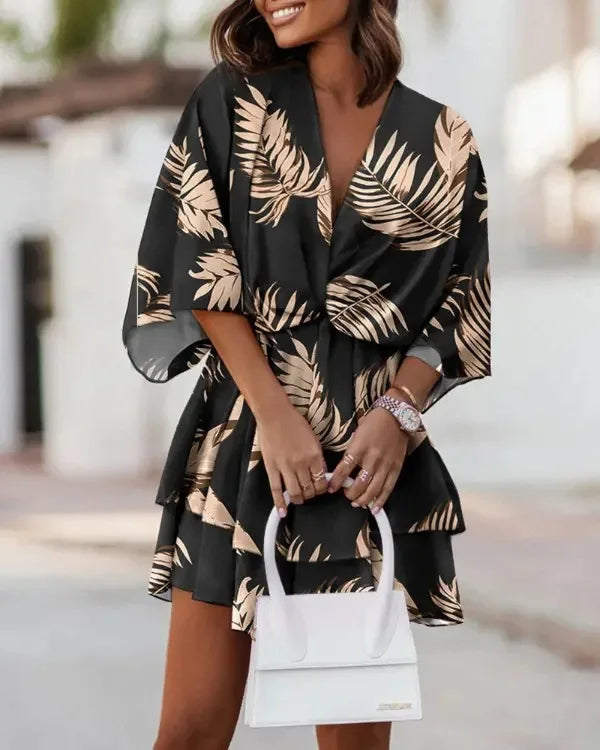 S-3XL European and American Women's Autumn New Product Bat Sleeves Fashion Printed Dress