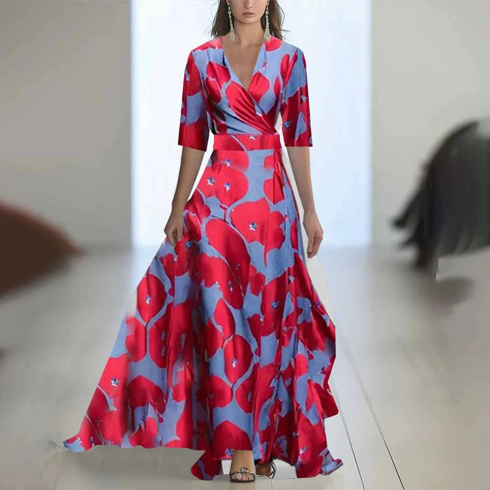 S-XXL Fashion Floral Print Patchwork Bohemian Dress Woman 2025 Sexy V Neck Hollow Long Dresses Long Sleeve Puff Loose Maxi Dress