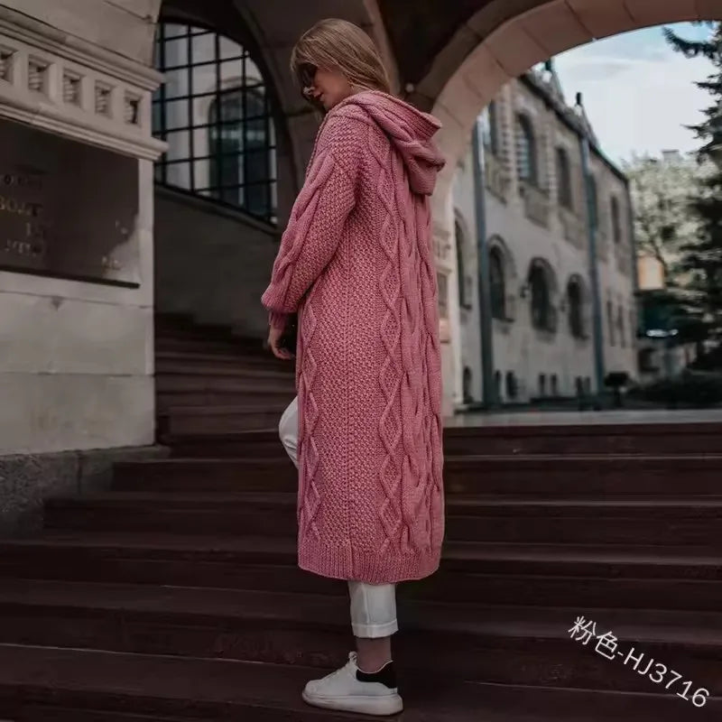S-5XL Hot Selling Solid Color Hooded Long Cardigan Sweater in Autumn and Winter Fried Dough Knit Hoodie