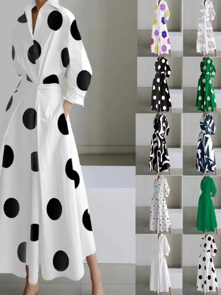 _ Autumn Dress Long Sleeve Dot Print Elegant Maxi Dresses for Women White Casual V Neck Shirt Party Long Dress Robe Femme