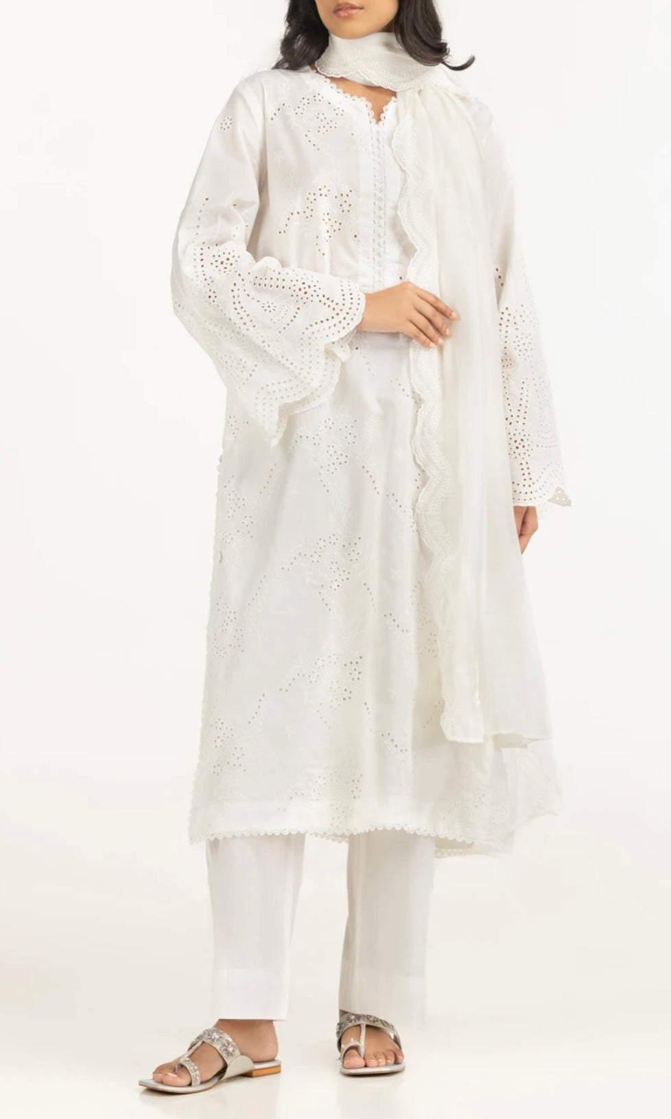Gul-Ahmed- Original Cambric Schiffli Embroidered Shirt And Dupatta