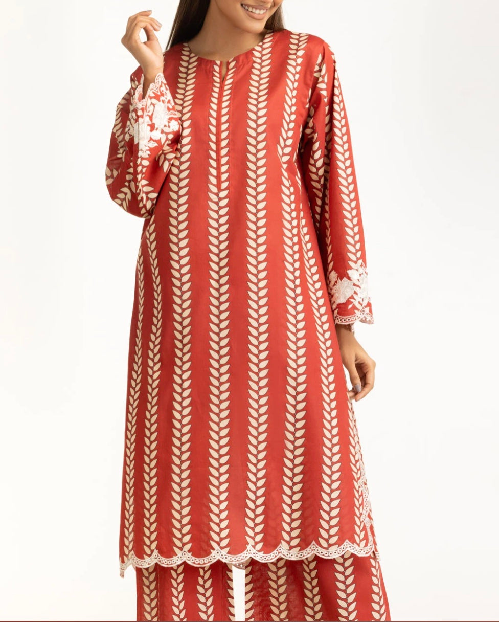 Gul Ahmed Original Pakistani Cambric Printed Co-Ord Set With Embroidered