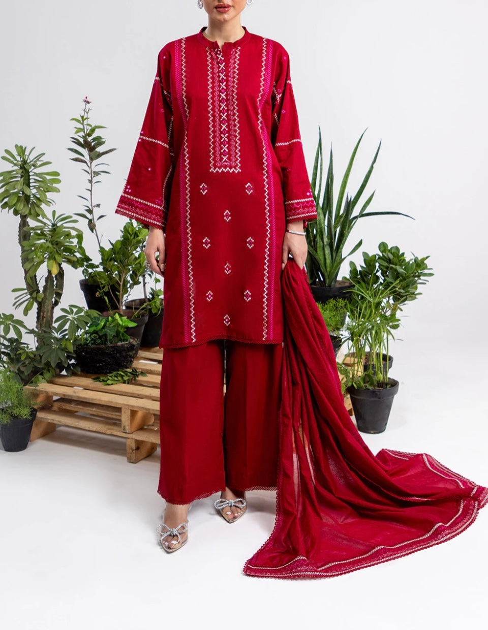 Gul Ahmed Original 3 PCS Embroidered Cross Slub Suit