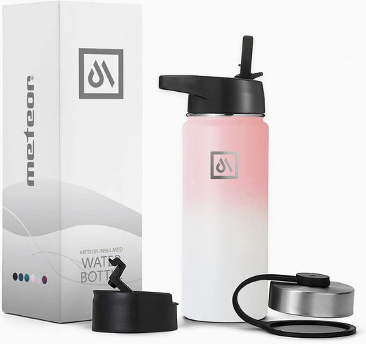 Meteor 650ml Insulated Water Bottle with Straw Lid, Coffee Lid & Flex Cap - Hot 24hrs & Cold 48hrs – Vacuum Stainless Steel Water Flask Thermos Mug - for Sports, Travel, Office, Kids