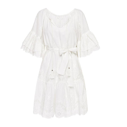 Embroidered Cotton Breathable White Resort Dress