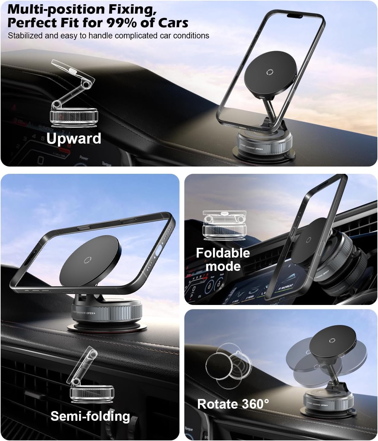 CloudValley 15W Fast Wireless Charger Car Phone Holder Mount, Vacuum Suction Cup Phone Holder Design for MagSafe iPhone 16/15/14/13/12, 360° Adjustable & Foldable Stand for Dashboard & Windshield
