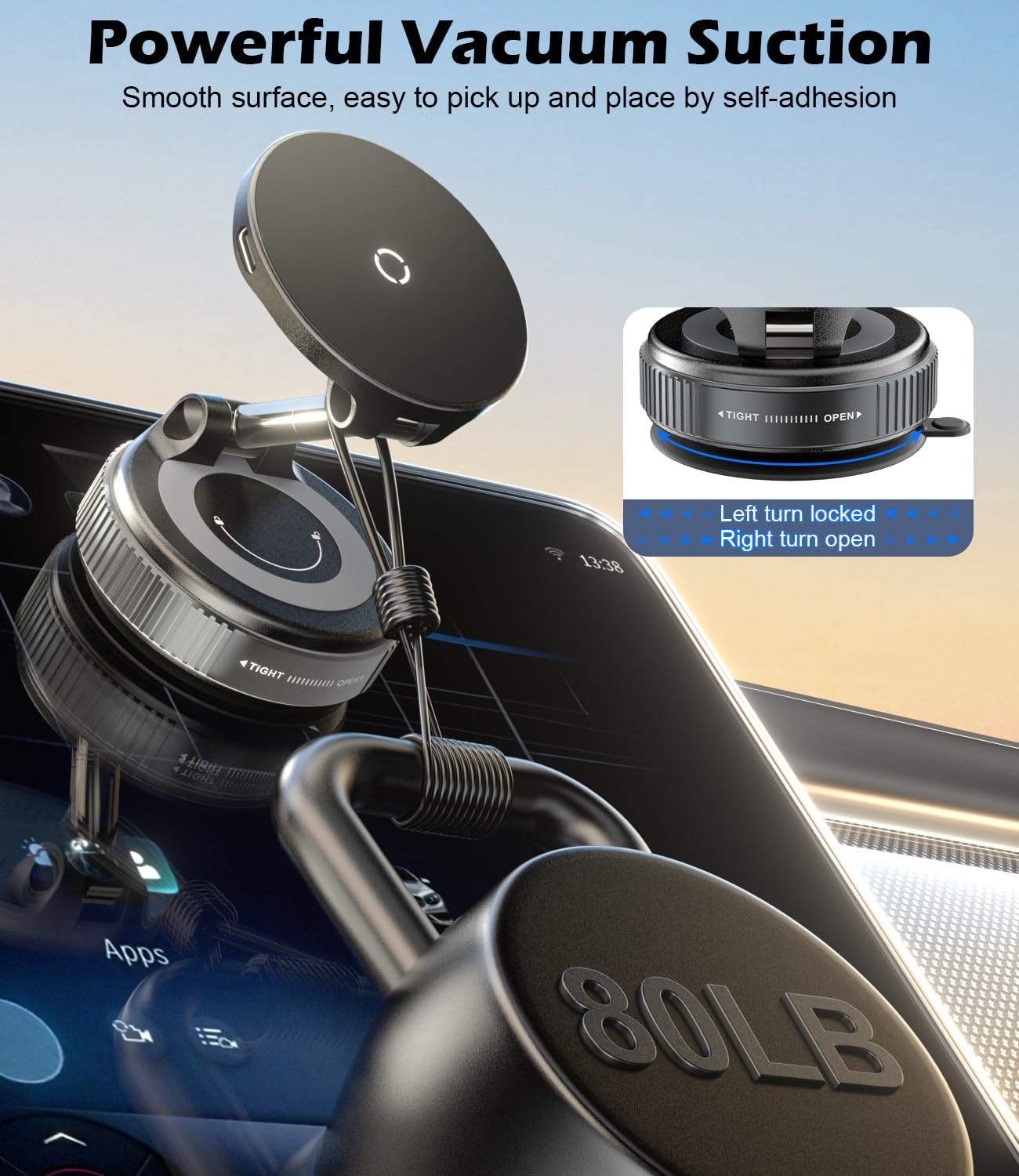 CloudValley 15W Fast Wireless Charger Car Phone Holder Mount, Vacuum Suction Cup Phone Holder Design for MagSafe iPhone 16/15/14/13/12, 360° Adjustable & Foldable Stand for Dashboard & Windshield
