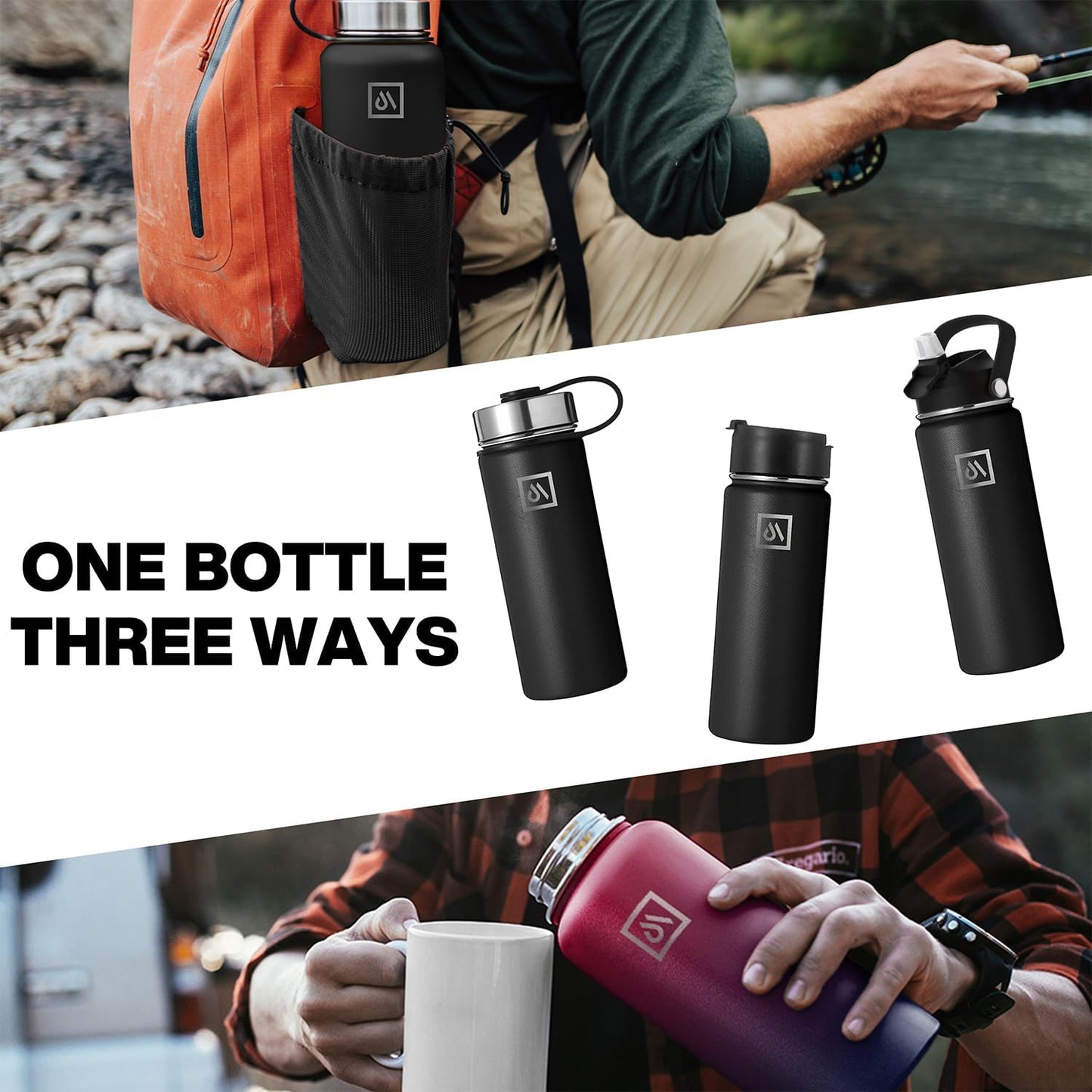 Meteor 650ml Insulated Water Bottle with Straw Lid, Coffee Lid & Flex Cap - Hot 24hrs & Cold 48hrs – Vacuum Stainless Steel Water Flask Thermos Mug - for Sports, Travel, Office, Kids