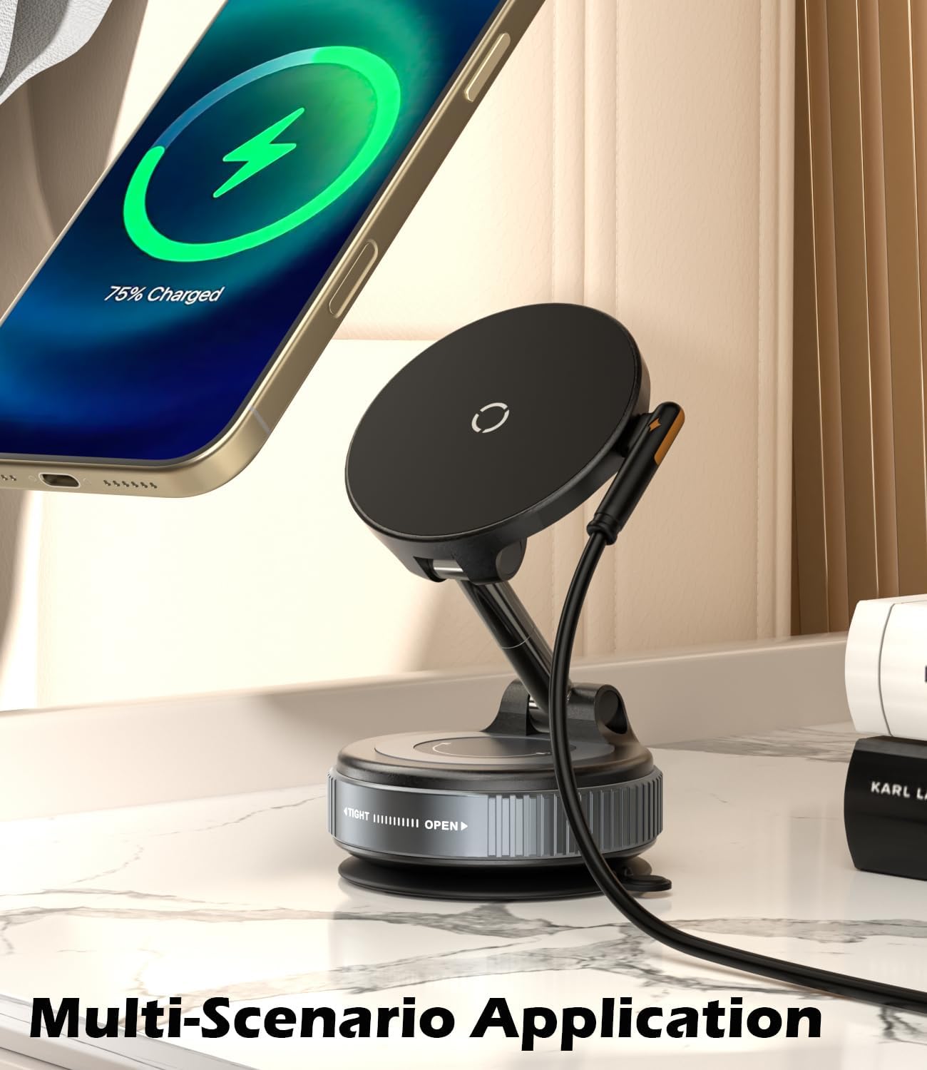 CloudValley 15W Fast Wireless Charger Car Phone Holder Mount, Vacuum Suction Cup Phone Holder Design for MagSafe iPhone 16/15/14/13/12, 360° Adjustable & Foldable Stand for Dashboard & Windshield