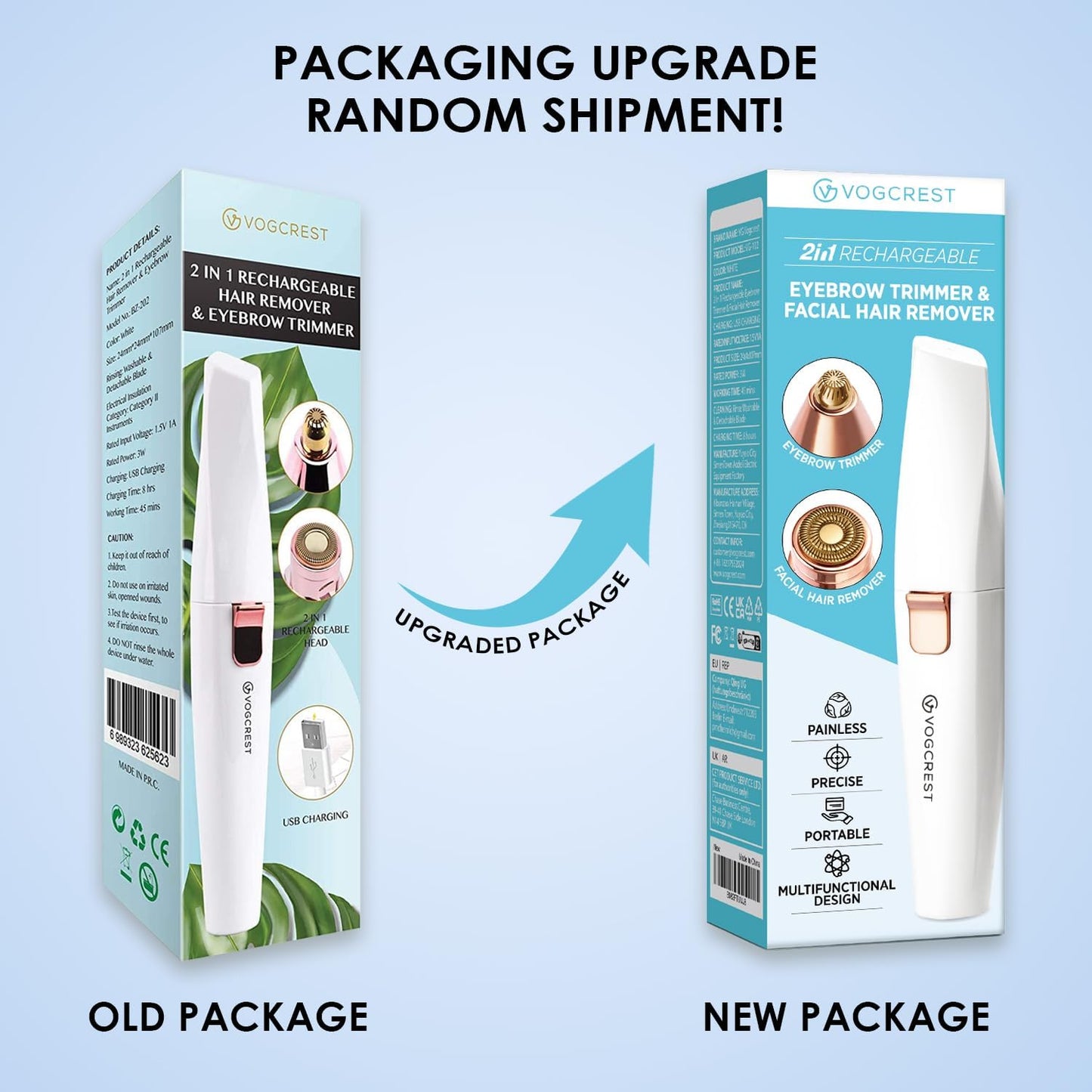 Rechargeable Eyebrow Trimmer & Facial Hair Remover for Women, 2 IN 1 Eyebrow Razor and Flawless Hair Remover, Eyebrow Lips Nose Body Facial Hair Removal for Women with Built-in LED Light (White)