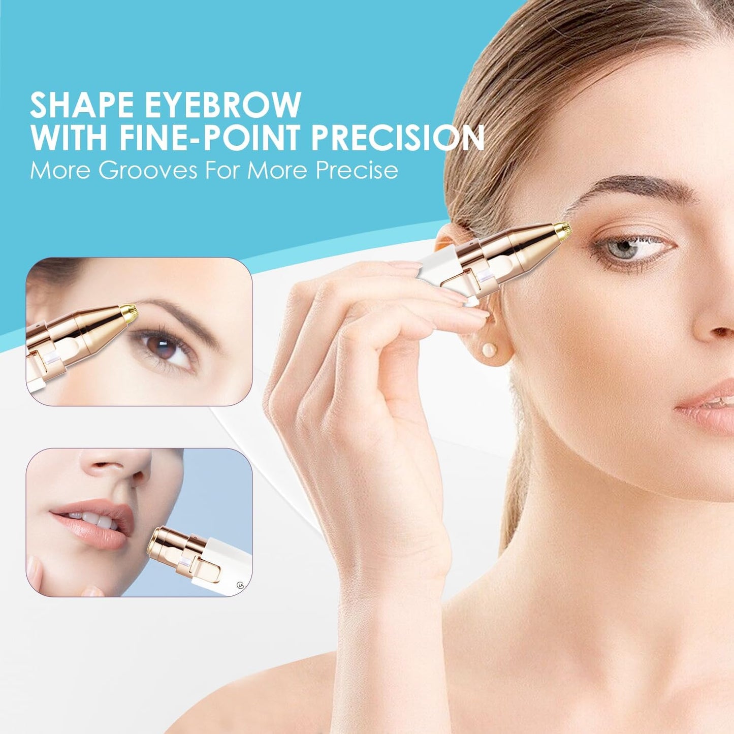 Rechargeable Eyebrow Trimmer & Facial Hair Remover for Women, 2 IN 1 Eyebrow Razor and Flawless Hair Remover, Eyebrow Lips Nose Body Facial Hair Removal for Women with Built-in LED Light (White)