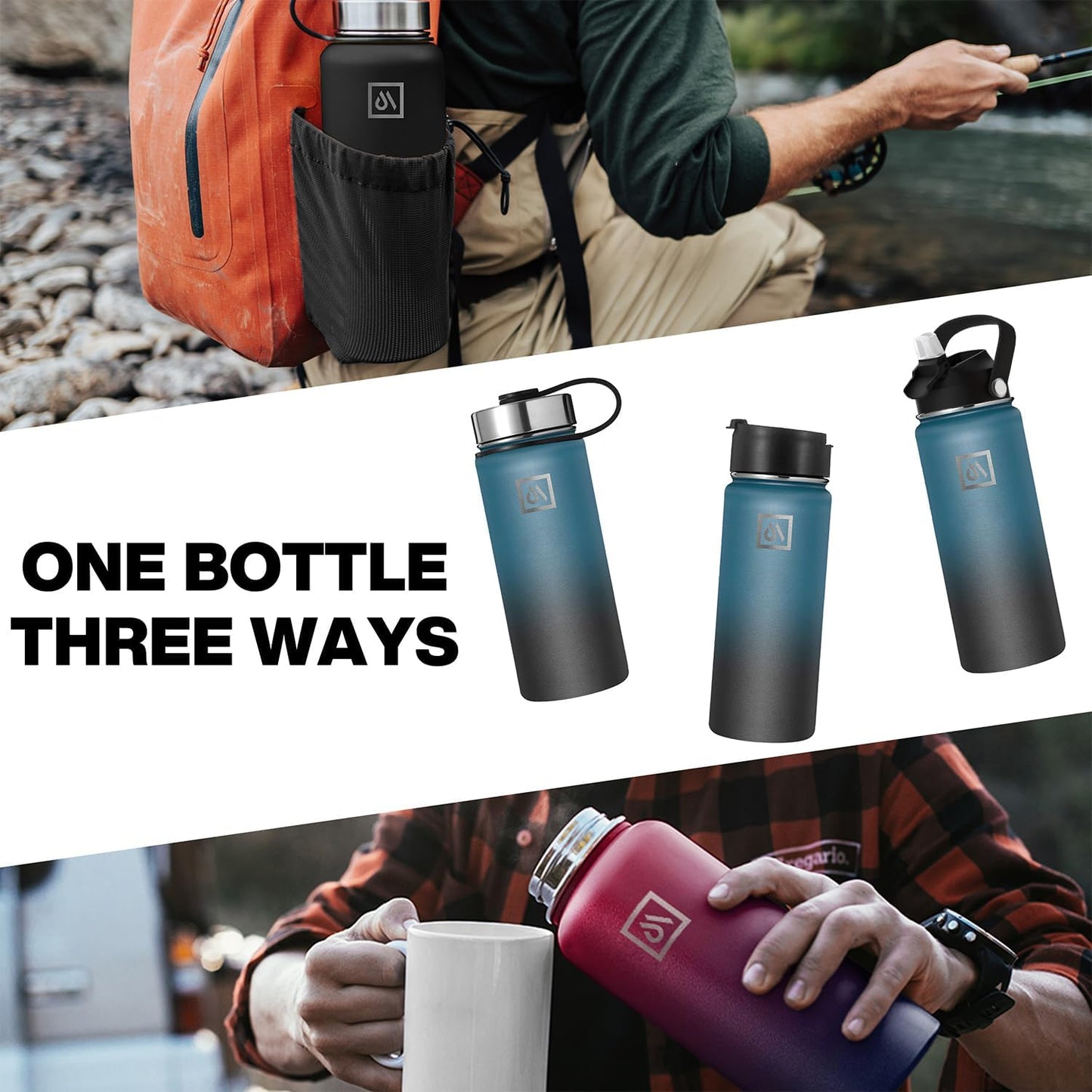 Meteor 650ml Insulated Water Bottle with Straw Lid, Coffee Lid & Flex Cap - Hot 24hrs & Cold 48hrs – Vacuum Stainless Steel Water Flask Thermos Mug - for Sports, Travel, Office, Kids
