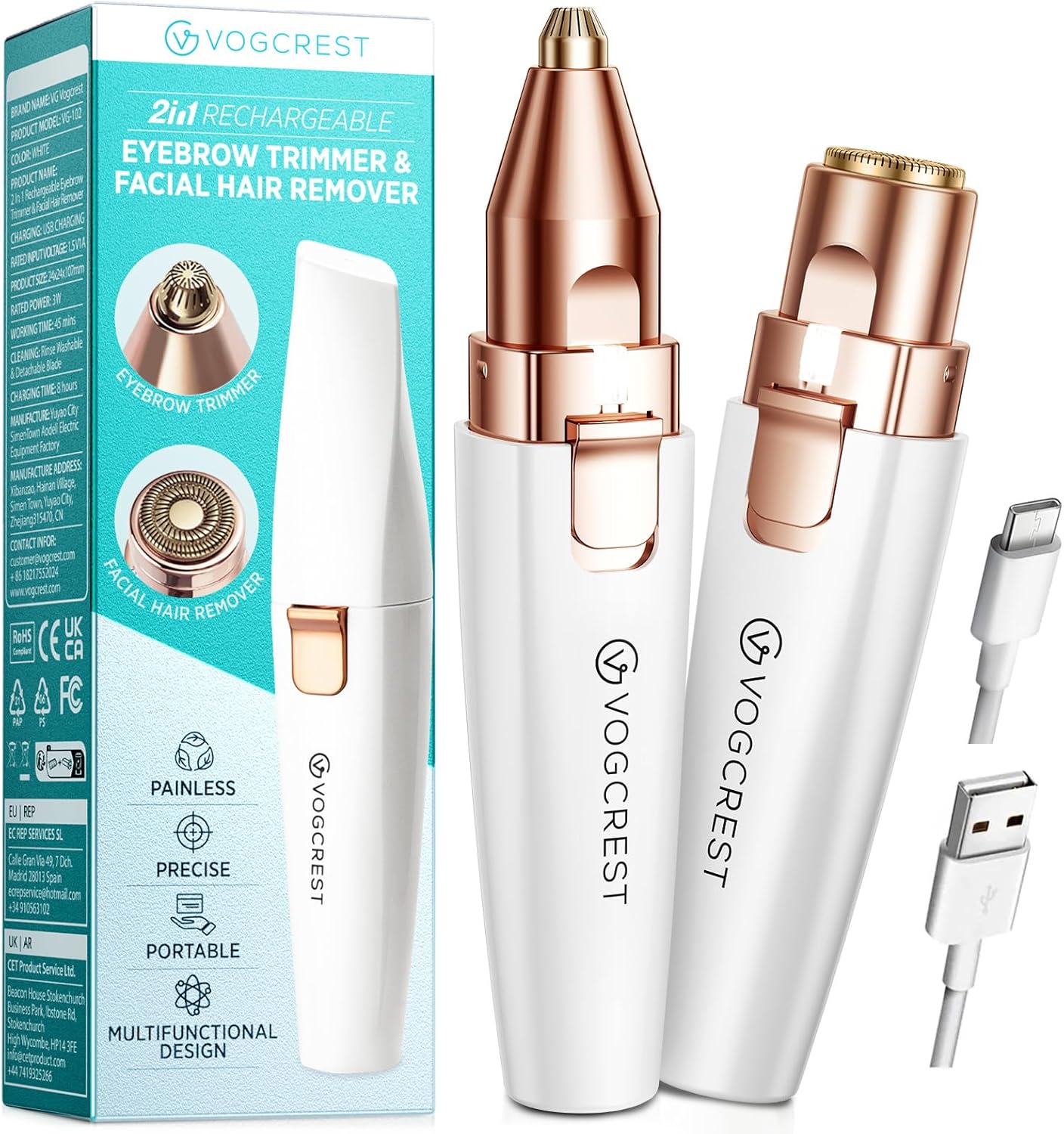 Rechargeable Eyebrow Trimmer & Facial Hair Remover for Women, 2 IN 1 Eyebrow Razor and Flawless Hair Remover, Eyebrow Lips Nose Body Facial Hair Removal for Women with Built-in LED Light (White)