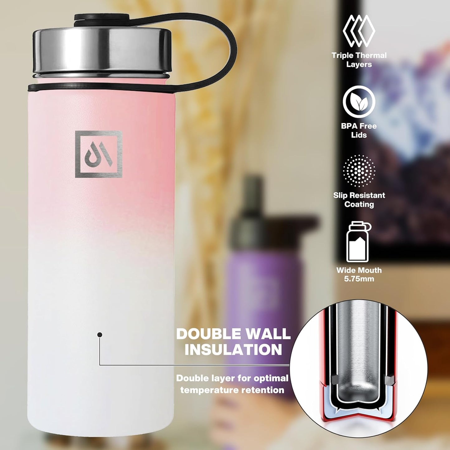 Meteor 650ml Insulated Water Bottle with Straw Lid, Coffee Lid & Flex Cap - Hot 24hrs & Cold 48hrs – Vacuum Stainless Steel Water Flask Thermos Mug - for Sports, Travel, Office, Kids