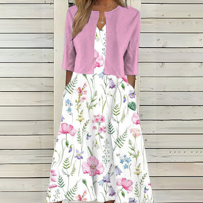 Ethnic Style Elegant Floral Print Vest Dress Cardigan Two-piece Set