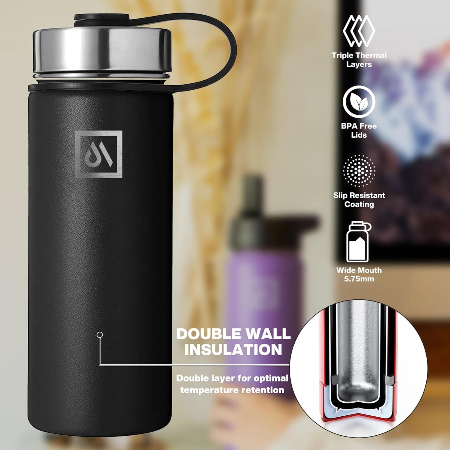 Meteor 650ml Insulated Water Bottle with Straw Lid, Coffee Lid & Flex Cap - Hot 24hrs & Cold 48hrs – Vacuum Stainless Steel Water Flask Thermos Mug - for Sports, Travel, Office, Kids
