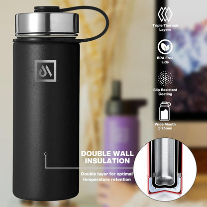 Meteor 650ml Insulated Water Bottle with Straw Lid, Coffee Lid & Flex Cap - Hot 24hrs & Cold 48hrs – Vacuum Stainless Steel Water Flask Thermos Mug - for Sports, Travel, Office, Kids