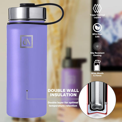Meteor 650ml Insulated Water Bottle with Straw Lid, Coffee Lid & Flex Cap - Hot 24hrs & Cold 48hrs – Vacuum Stainless Steel Water Flask Thermos Mug - for Sports, Travel, Office, Kids