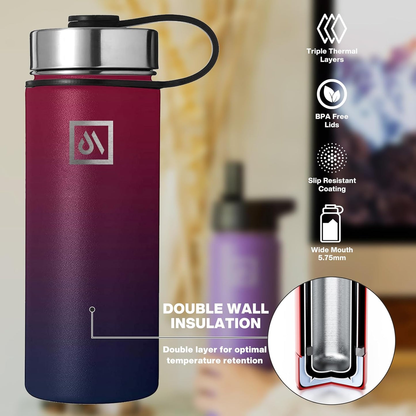Meteor 650ml Insulated Water Bottle with Straw Lid, Coffee Lid & Flex Cap - Hot 24hrs & Cold 48hrs – Vacuum Stainless Steel Water Flask Thermos Mug - for Sports, Travel, Office, Kids