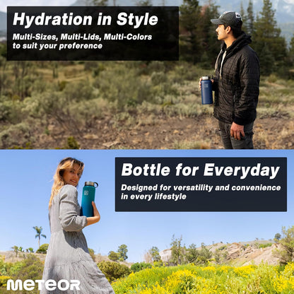 Meteor 650ml Insulated Water Bottle with Straw Lid, Coffee Lid & Flex Cap - Hot 24hrs & Cold 48hrs – Vacuum Stainless Steel Water Flask Thermos Mug - for Sports, Travel, Office, Kids